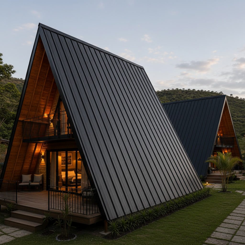 Chalé A-frame de alto padrão com telhado metálico termoacústico escuro e madeira aparente ao entardecer