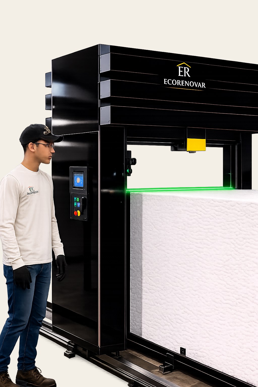 CNC de corte a laser da Ecorenovar cortando o núcleo EPS com precisão milimétrica para encaixe perfeito entre as telhas