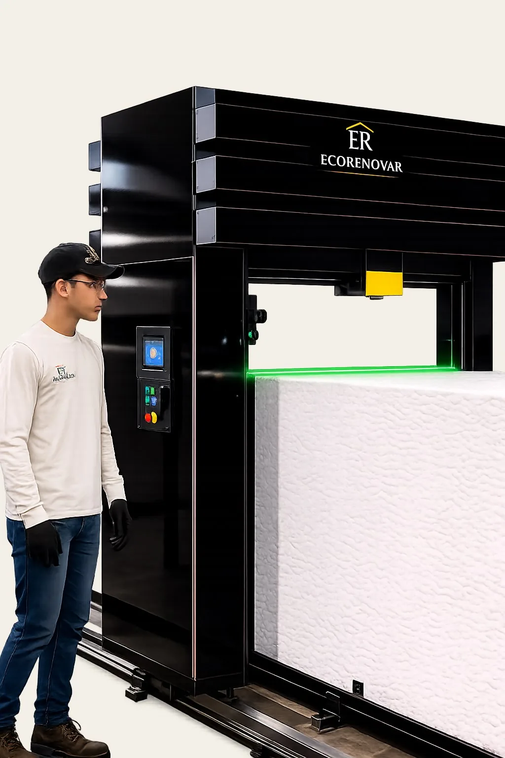 CNC de corte a laser da Ecorenovar cortando o núcleo EPS com precisão milimétrica para encaixe perfeito entre as telhas