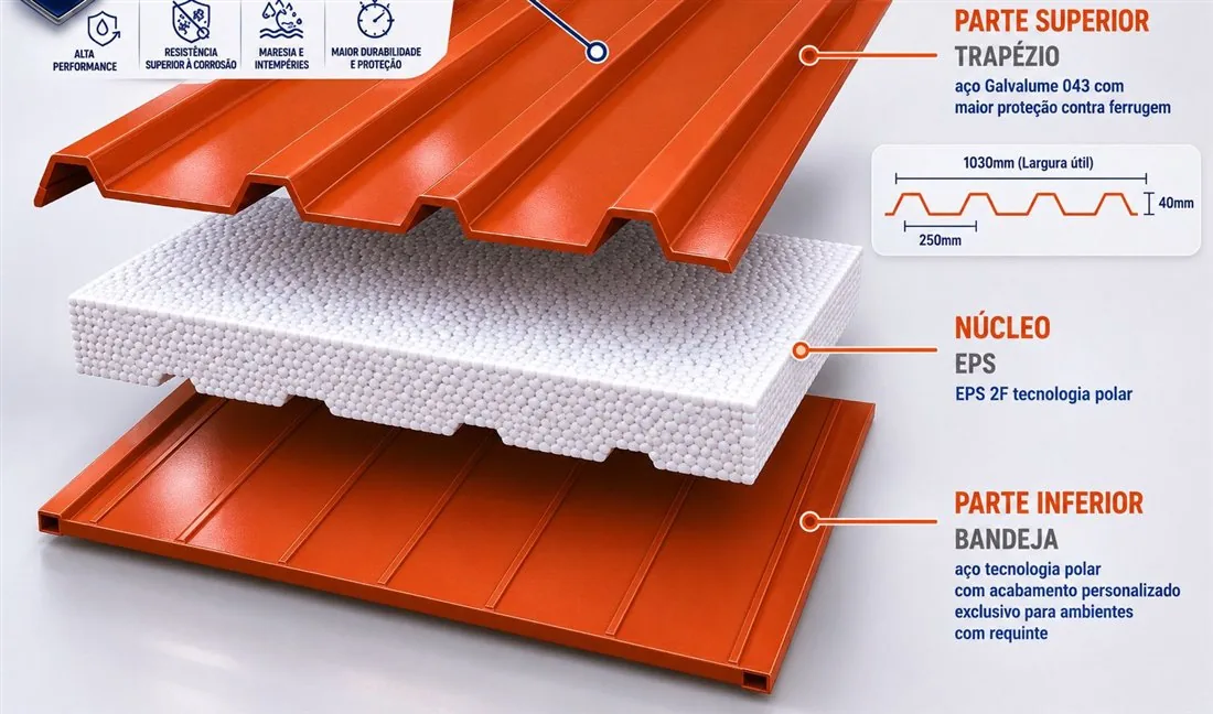 Telha bandeja: composição com face superior trapezoidal, núcleo EPS e face inferior lisa
