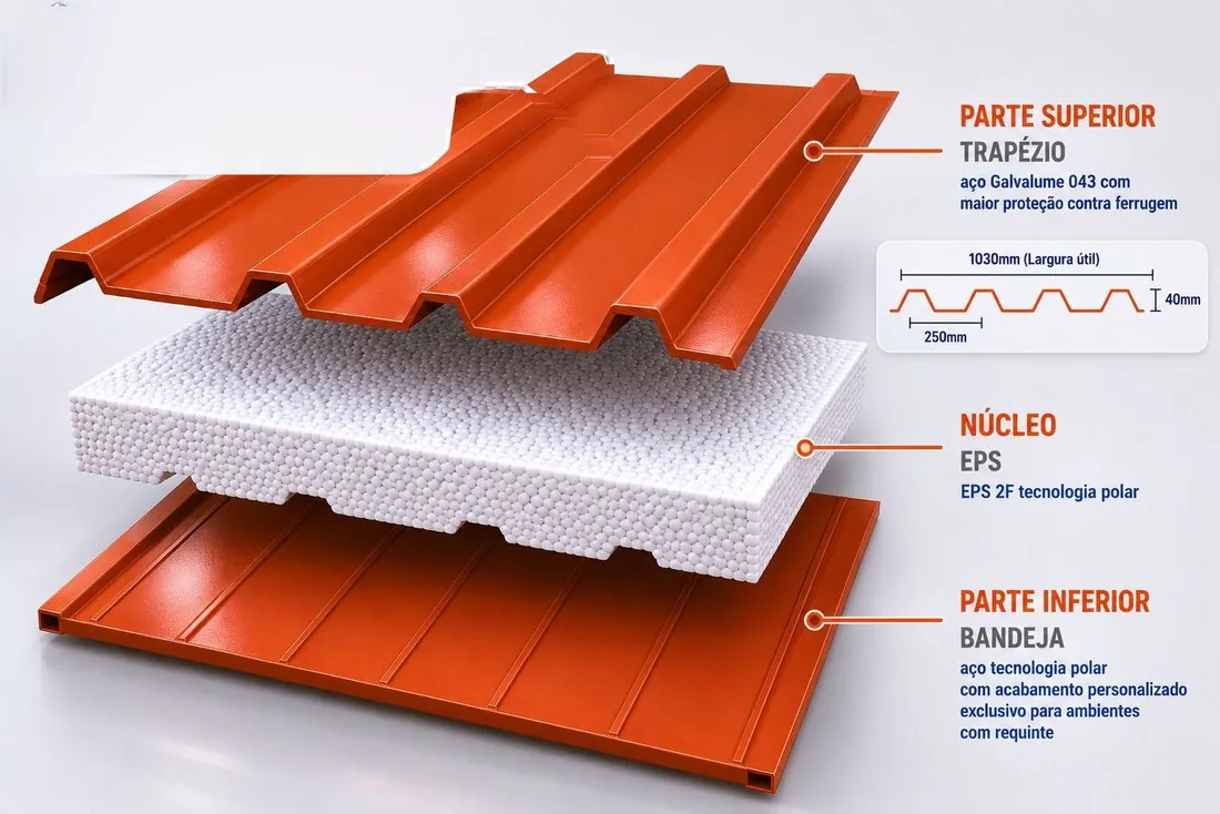 Composição do sistema sanduíche em vista explodida: chapa superior trapezoidal em aço galvalume, núcleo isolante em EPS e chapa inferior tipo bandeja, com largura útil de 1030 mm