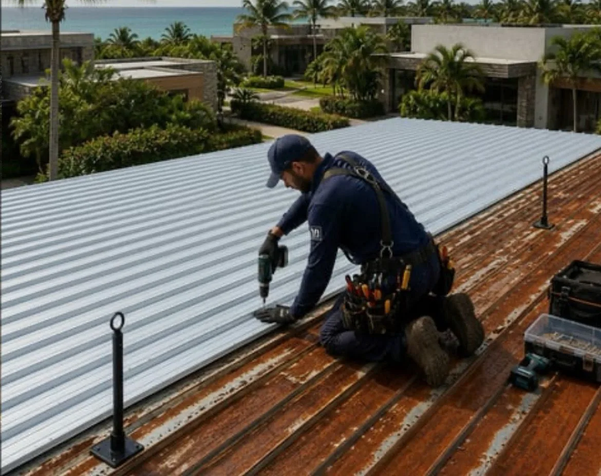 Troca de telhado por cobertura termoacústica em obra no litoral, ambiente de maresia com estrutura metálica